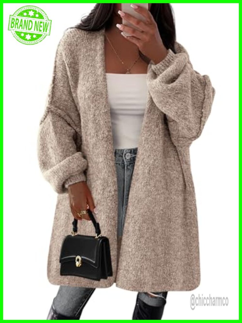 Oversized Long Knit Cardigan Open Front Ribbed Trim Mid Thigh Sweater